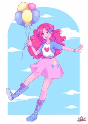 Size: 1448x2048 | Tagged: safe, artist:sharonda1, pinkie pie, equestria girls, g4, anime style, balloon, bow, cloud, cute, diapinkes, female, floating, hair bow, open mouth, sky, solo, then watch her balloons lift her up to the sky