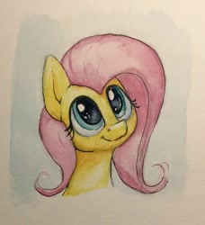 Size: 933x1024 | Tagged: safe, artist:whiskeypanda, fluttershy, pegasus, pony, g4, bust, simple background, smiling, traditional art, watercolor painting