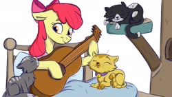 Size: 2048x1152 | Tagged: safe, artist:rutkotka, apple bloom, cat, earth pony, pony, g4, clothes, eyes closed, female, goldie delicious' shawl, guitar, musical instrument, older, older apple bloom, shawl, smiling