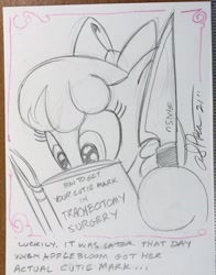 Size: 1602x2048 | Tagged: safe, artist:andy price, apple bloom, earth pony, pony, g4, andy you magnificent bastard, book, female, filly, ginsu, knife, this could have ended in death, traditional art