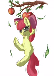 Size: 2892x4096 | Tagged: safe, artist:playful wings, apple bloom, earth pony, pony, g4, apple, female, filly, food, solo, stuck, tree