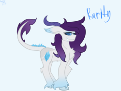 Size: 2048x1536 | Tagged: safe, artist:revenge.cats, rarity, dracony, dragon, earth pony, hybrid, pony, g4, dragonified, eyeshadow, fangs, gradient hooves, gradient mane, horn, makeup, raridragon, redesign, simple background, species swap, tail spines, unshorn fetlocks