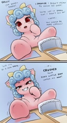 Size: 1084x1974 | Tagged: safe, artist:alloyrabbit, cozy glow, pegasus, pony, g4, blushing, dialogue, evil smile, female, filly, foal, grin, house, looking at you, looking down, looking down at you, macro, micro, offscreen character, pov, red eyes take warning, smiling, this will end in death, this will end in tears, this will end in tears and/or death, underhoof