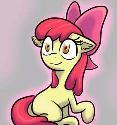 Size: 1548x1654 | Tagged: safe, artist:shinycyan, apple bloom, earth pony, pony, g4, adorabloom, apple bloom's bow, blank flank, bow, cute, female, filly, floppy ears, hair bow, raised hoof, smiling, solo