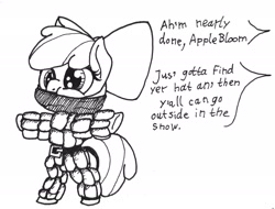 Size: 2047x1553 | Tagged: safe, artist:ewoudcponies, apple bloom, earth pony, pony, g4, "extended deep sea diving", a christmas story, belt, bipedal, black and white, bundled up, bundled up for winter, clothes, female, filly, grayscale, implied applejack, monochrome, offscreen character, scarf, traditional art, winter clothes, winter coat, winter outfit