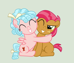 Size: 992x850 | Tagged: safe, artist:brightstar40k, babs seed, cozy glow, earth pony, pegasus, pony, g4, a better ending for cozy, cheek squish, cheek to cheek, cozybetes, cute, duo, eyes closed, grin, hug, one eye closed, simple background, smiling, squishy cheeks