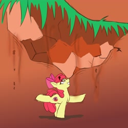 Size: 4096x4096 | Tagged: safe, artist:niggerdrawfag, apple bloom, earth pony, pony, g4, balancing, earth pony strength, looking up, pint-sized powerhouse, smiling, solo, strong, super strength