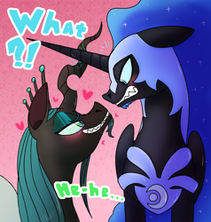 Size: 1250x1311 | Tagged: safe, artist:northernlightsone, nightmare moon, queen chrysalis, alicorn, changeling, pony, g4, alternate hairstyle, armor, beard, blushing, commission, crossed horns, darkhorse knight, eyeshadow, facial hair, floating heart, gay, grin, gritted teeth, heart, helmet, horn, horns are touching, jewelry, king metamorphosis, looking at each other, makeup, male, regalia, rule 63, ship:chrysmoon, ship:darkhorsemorphosis, shipping, smiling, smug, stallion, teasing