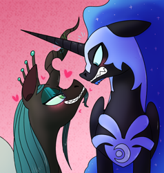 Size: 1250x1311 | Tagged: safe, alternate version, artist:northernlightsone, nightmare moon, queen chrysalis, alicorn, changeling, pony, g4, alternate hairstyle, armor, beard, blushing, commission, crossed horns, darkhorse knight, eyeshadow, facial hair, floating heart, gay, grin, gritted teeth, heart, helmet, horn, horns are touching, jewelry, king metamorphosis, looking at each other, makeup, male, regalia, rule 63, ship:chrysmoon, ship:darkhorsemorphosis, shipping, smiling, smug, stallion, teasing, textless version