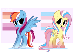Size: 2673x1931 | Tagged: safe, artist:syrupyyy, fluttershy, rainbow dash, pegasus, pony, g4, abstract background, alternate cutie mark, alternate hairstyle, bow, cute, dashabetes, duo, duo female, eye clipping through hair, eyebrows, eyebrows visible through hair, female, headcanon, lesbian, lesbian pride flag, lgbt, lgbt headcanon, mare, open mouth, pride, pride flag, pride ponies, raised hoof, shyabetes, simple background, smiling, syrupyyy is trying to murder us, tail, tail bow, trans female, trans fluttershy, transgender, transgender pride flag
