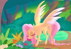 Size: 3696x2568 | Tagged: safe, artist:bombstaticz, fluttershy, pegasus, pony, g4, bush, colored hooves, eyes closed, female, flower, forest, high res, mare, outdoors, path, raised hoof, smiling, sniffing, solo, spread wings, standing, tree, two toned wings, unshorn fetlocks, wings