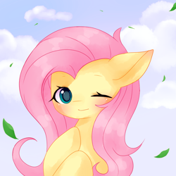 Size: 1000x1000 | Tagged: safe, artist:happy0v, fluttershy, pony, g4, blushing, bust, cloud, cute, female, floppy ears, hoof on chest, leaf, looking at you, mare, one eye closed, portrait, shyabetes, sky background, smiling, solo, three quarter view, wink, winking at you