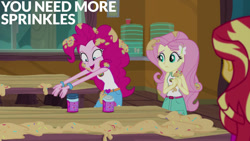 Size: 1280x720 | Tagged: safe, edit, edited screencap, editor:quoterific, screencap, fluttershy, pinkie pie, sunset shimmer, equestria girls, g4, my little pony equestria girls: legend of everfree, camp everfree outfits, female, food, hairpin, sprinkles
