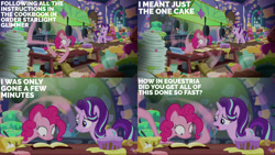 Size: 1280x720 | Tagged: safe, edit, edited screencap, editor:quoterific, screencap, pinkie pie, starlight glimmer, earth pony, pony, unicorn, every little thing she does, g4, book, egg, female, fiducia compellia, flour, hypnosis, instructions, kitchen, mare, mind control, shrunken pupils, twilight's castle, wide eyes