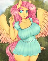 Size: 1437x1800 | Tagged: safe, alternate version, artist:cheezayballz, fluttershy, pegasus, anthro, g4, adorasexy, big breasts, breasts, busty fluttershy, clothes, cute, dress, ear fluff, female, grin, huge breasts, looking at you, mare, nature, outdoors, peace sign, sexy, short dress, smiling, solo, spread wings, sundress, wing fluff, wings