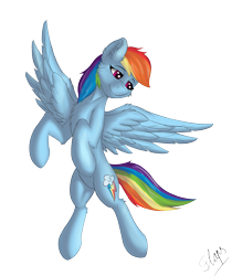 Size: 2085x2482 | Tagged: safe, artist:flapstune, rainbow dash, pegasus, pony, g4, backwards cutie mark, chest fluff, cutie mark, ear fluff, female, fluffy, flying, high res, mare, signature, simple background, smiling, solo, spread wings, transparent background, wings