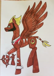 Size: 2668x3740 | Tagged: safe, artist:agdapl, pegasus, pony, beard, crossover, demoman, demoman (tf2), facial hair, high res, male, ponified, raised hoof, signature, solo, species swap, team fortress 2, traditional art, wings