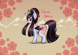 Size: 2000x1400 | Tagged: safe, artist:puffpuff_sugar, oc, oc only, oc:cherry shivers, bat pony, pony, vampire, vampony, bat pony oc, bat wings, flower, flower in hair, red eyes, red lipstick, simple background, straight hair, straight mane, straight tail, wings