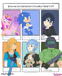 Size: 2190x2688 | Tagged: safe, artist:saltysel, princess cadance, alicorn, hedgehog, human, pony, anthro, g4, anthro with ponies, black butler, bust, ciel phantomhive, clothes, crossover, doom, doom guy, female, fire emblem: three houses, gloves, helmet, high res, hoof shoes, horn, link, male, mare, marianne von edmund, six fanarts, sonic the hedgehog, sonic the hedgehog (series), the legend of zelda, wings
