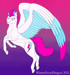 Size: 1024x1095 | Tagged: safe, artist:winterfrostdragon, zipp storm, pegasus, pony, g5, colored hooves, colored wings, cyan eyes, female, mare, multicolored hair, multicolored wings, smiling, smirk, solo, spread wings, teeth, wings