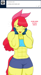 Size: 1184x2144 | Tagged: safe, artist:matchstickman, apple bloom, earth pony, anthro, matchstickman's apple brawn series, tumblr:where the apple blossoms, g4, abs, adorabloom, apple bloom's bow, apple brawn, bashful, biceps, blushing, bow, breasts, busty apple bloom, clothes, cute, deltoids, dialogue, eyes closed, female, fingerless gloves, gloves, hair bow, mare, muscles, muscular female, older, older apple bloom, pecs, shorts, simple background, solo, sports bra, talking to viewer, thighs, thunder thighs, tumblr comic, white background