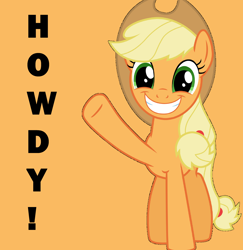 Size: 3824x3928 | Tagged: safe, artist:tomfraggle, derpibooru exclusive, edit, editor:twilyisbestpone, vector edit, applejack, earth pony, pony, g4, cute, female, grin, high res, howdy, jackabetes, looking at you, mare, orange background, raised hoof, simple background, smile and wave, smiling, solo, vector, waving