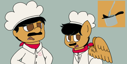 Size: 1694x860 | Tagged: safe, artist:kittycatsun, human, pegasus, pony, bandana, chef, chef pee pee, chef's hat, cooking pot, hat, ponified, spoon, supermariologan