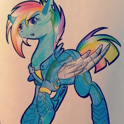 Size: 1080x1080 | Tagged: safe, alternate version, artist:sakura_doujinshi_sd, rainbow dash, pegasus, pony, g4, alternate timeline, amputee, apocalypse dash, armor, artificial wings, augmented, colored, crystal war timeline, female, mare, prosthetic limb, prosthetic wing, prosthetics, solo, torn ear, traditional art, wings