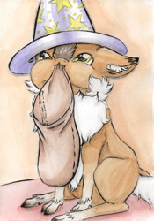 Size: 1712x2446 | Tagged: safe, artist:cindertale, oc, oc only, oc:cinder, deer, bag, chest fluff, cloven hooves, cute, deer oc, ear fluff, hat, looking up, male, mouth hold, sitting, solo, traditional art, wizard hat
