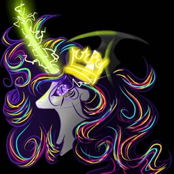 Size: 768x768 | Tagged: safe, artist:_goddesskatie_, oc, oc only, pony, unicorn, black background, bust, crown, female, glowing eyes, glowing horn, horn, jewelry, mare, regalia, simple background, solo, unicorn oc