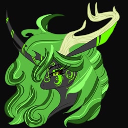 Size: 768x768 | Tagged: safe, artist:_goddesskatie_, oc, oc only, changeling queen, pony, black background, bust, changeling queen oc, eyelashes, green changeling, simple background, solo