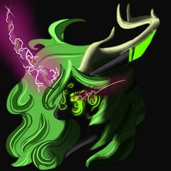 Size: 768x768 | Tagged: safe, alternate version, artist:_goddesskatie_, oc, oc only, changeling, changeling queen, pony, black background, bust, changeling queen oc, eyelashes, green changeling, horn, simple background, solo, sparking horn