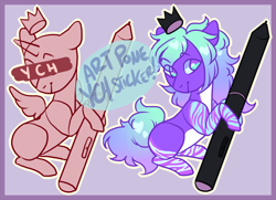 Size: 800x579 | Tagged: safe, artist:lavvythejackalope, oc, oc only, alicorn, earth pony, pony, alicorn oc, commission, crown, duo, earth pony oc, horn, jewelry, micro, regalia, smiling, stylus, wings, your character here