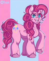 Size: 720x900 | Tagged: safe, artist:tenjosan, pinkie pie, earth pony, pony, g4, digital art, female, hooves, looking at you, mare, open mouth, open smile, simple background, smiling, smiling at you, solo, tail, unshorn fetlocks
