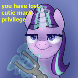 Size: 926x926 | Tagged: safe, artist:catachromatic, derpibooru exclusive, starlight glimmer, pony, unicorn, g4, bust, female, magic, magic aura, mare, meme, ponified meme, s5 starlight, smiling, smirk, solo, staff, staff of sameness, this will end in communism, you have lost penis privilege