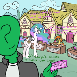 Size: 2000x2000 | Tagged: safe, artist:notawriteranon, princess celestia, oc, oc:anon, alicorn, human, pony, g4, booth, butt, cake, cakelestia, cartoon physics, digestion without weight gain, dock, food, hammerspace, hammerspace belly, high res, long mane, missing accessory, pass, plot, raised hoof, stuffing, that pony sure does love cakes, tongue out