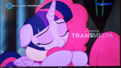 Size: 3421x1920 | Tagged: safe, pinkie pie, twilight sparkle, alicorn, earth pony, pony, g4, my little pony: the movie, duo, duo female, eyes closed, female, hug, indonesia, mare, photo, picture of a screen, samsung, television, trans tv, twilight sparkle (alicorn)