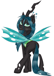 Size: 2893x4092 | Tagged: safe, artist:avafury, queen chrysalis, changeling, changeling queen, g4, bugbutt, butt, cheek fluff, chin fluff, chrysalass, crown, fangs, female, high res, jewelry, looking at you, looking back, looking back at you, obtrusive watermark, plot, regalia, signature, simple background, solo, transparent background, watermark