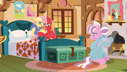 Size: 1920x1080 | Tagged: safe, anonymous artist, big macintosh, fluttershy, nurse sweetheart, oc, oc:sour apple, earth pony, pegasus, pony, series:fm holidays, g4, alternate hairstyle, baby, baby pony, bags under eyes, facial hair, family, female, filly, fluttershy's bedroom, fluttershy's cottage, gloves, lineless, male, mare, messy mane, midwife, mother's day, moustache, newborn, no pupils, offspring, older, older big macintosh, older fluttermac, older fluttershy, parent:big macintosh, parent:fluttershy, parents:fluttermac, rubber gloves, ship:fluttermac, shipping, stallion, straight, sunset, swaddling, sweat, tired eyes