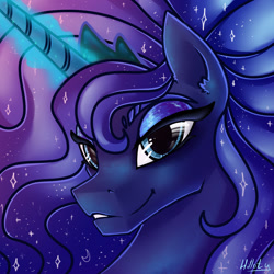 Size: 1450x1450 | Tagged: safe, artist:hilloty, princess luna, alicorn, pony, g4, bust, ethereal mane, female, looking at you, magic, mare, portrait, smiling, solo, starry mane
