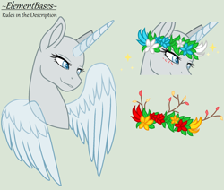 Size: 1930x1636 | Tagged: safe, alternate version, artist:elementbases, oc, oc only, alicorn, pony, alicorn oc, bald, base, blushing, bust, eyelashes, female, floral head wreath, flower, gray background, horn, mare, simple background, solo, wings