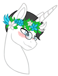 Size: 1583x2048 | Tagged: safe, alternate version, artist:agdapl, artist:elementbases, pony, unicorn, base used, blushing, crossover, floral head wreath, flower, glasses, male, medic, medic (tf2), ponified, simple background, species swap, stallion, team fortress 2, white background