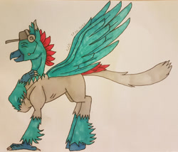 Size: 1280x1097 | Tagged: safe, artist:agdapl, classical hippogriff, hippogriff, crossover, hat, headset, hippogriffied, male, scout (tf2), signature, simple background, solo, species swap, team fortress 2, traditional art, white background
