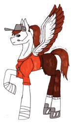 Size: 1250x2048 | Tagged: safe, artist:agdapl, pegasus, pony, clothes, crossover, female, headset, male, mare, ponified, raised hoof, rule 63, scout (tf2), signature, simple background, species swap, team fortress 2, traditional art, two toned wings, white background, wings