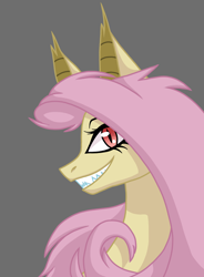 Size: 1080x1468 | Tagged: safe, artist:fruiitypieq, artist:shycookieq, fluttershy, bat pony, pony, g4, bat ponified, bust, collaboration, eyelashes, female, flutterbat, gray background, grin, gritted teeth, looking at you, mare, profile, race swap, red eyes, sharp teeth, simple background, smiling, solo, teeth