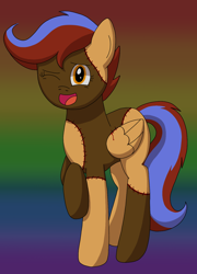 Size: 1080x1496 | Tagged: safe, artist:fruiitypieq, artist:shycookieq, oc, oc only, pegasus, pony, :d, abstract background, one eye closed, pegasus oc, smiling, solo, stitched body, stitches, wings, wink