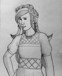 Size: 596x726 | Tagged: safe, alternate version, artist:rm_bottleneck42, gloriosa daisy, equestria girls, g4, clothes, female, floral head wreath, flower, grayscale, hand on hip, monochrome, smiling, solo, traditional art