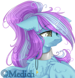 Size: 1842x1897 | Tagged: safe, artist:mediasmile666, oc, oc only, pegasus, pony, bust, chest fluff, collar, female, floppy ears, heterochromia, mare, sad, simple background, solo, transparent background, wavy mouth