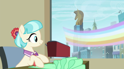 Size: 1920x1080 | Tagged: safe, screencap, coco pommel, earth pony, pony, g4, twilight's kingdom, crystaller building, female, let the rainbow remind you, mare, rainbow, sewing, sewing machine, solo