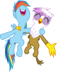 Size: 1280x1630 | Tagged: safe, artist:cloudy glow, gilda, rainbow dash, griffon, pegasus, pony, g4, the lost treasure of griffonstone, .ai available, chickub, duo, duo female, eyes closed, female, filly, filly rainbow dash, flying, nose in the air, open mouth, simple background, transparent background, vector, younger